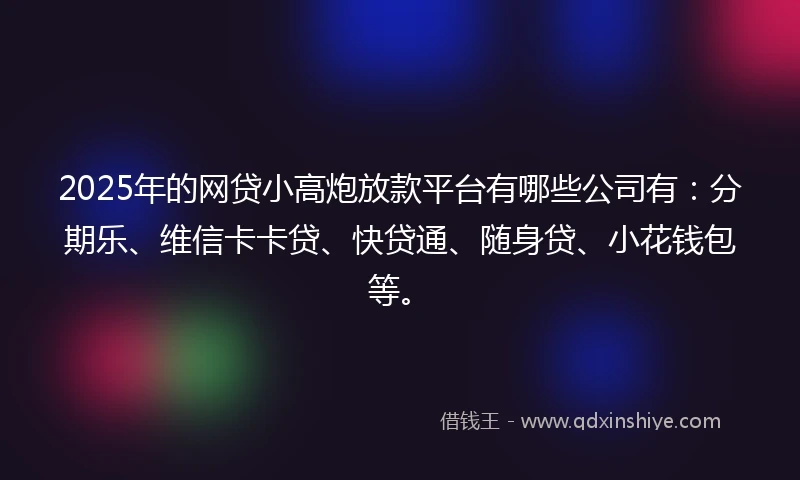 2025年的网贷小高炮放款平台有哪些公司有：分期乐、维信卡卡贷、快贷通、随身贷、小花钱包等。