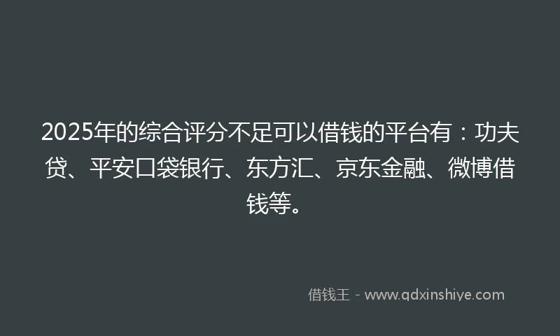 2025年的综合评分不足可以借钱的平台有：功夫贷、平安口袋银行、东方汇、京东金融、微博借钱等。
