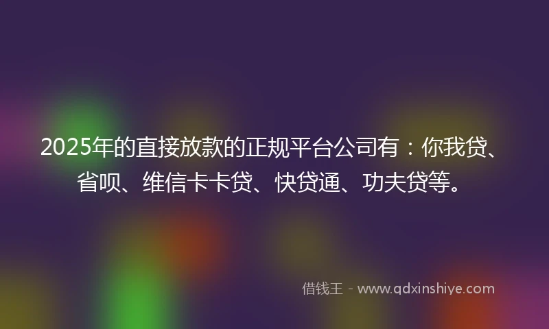 2025年的直接放款的正规平台公司有：你我贷、省呗、维信卡卡贷、快贷通、功夫贷等。