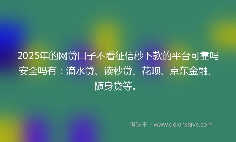 2025年的网贷口子不看征信秒下款的平台可靠吗安全吗有：滴水贷、读秒贷、花呗、京东金融、随身贷等。