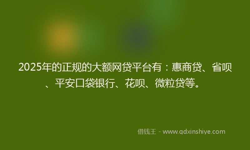 2025年的正规的大额网贷平台有：惠商贷、省呗、平安口袋银行、花呗、微粒贷等。