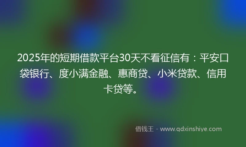 2025年的短期借款平台30天不看征信有：平安口袋银行、度小满金融、惠商贷、小米贷款、信用卡贷等。