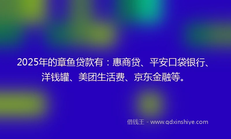 2025年的章鱼贷款有：惠商贷、平安口袋银行、洋钱罐、美团生活费、京东金融等。