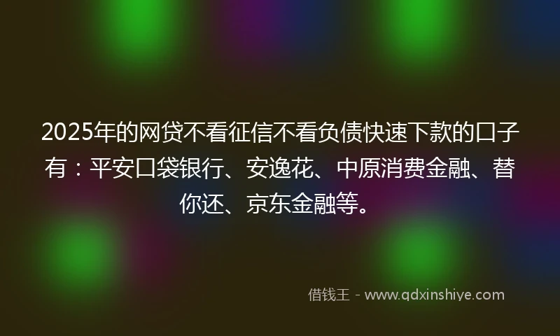 2025年的网贷不看征信不看负债快速下款的口子有：平安口袋银行、安逸花、中原消费金融、替你还、京东金融等。