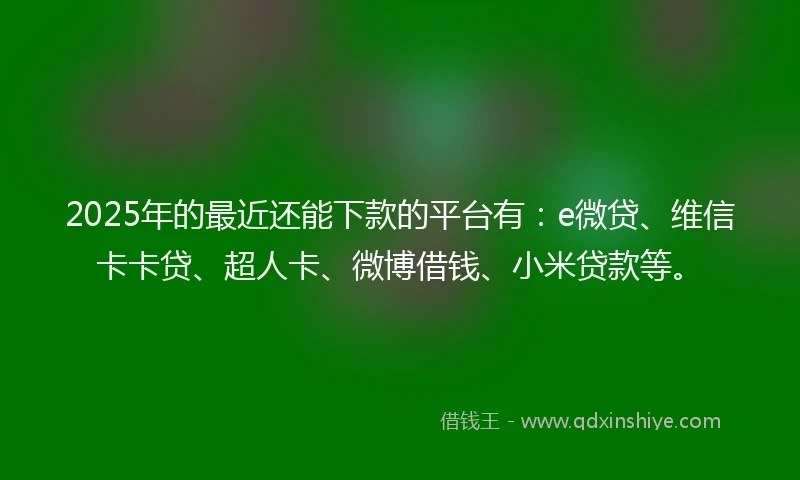 2025年的最近还能下款的平台有：e微贷、维信卡卡贷、超人卡、微博借钱、小米贷款等。