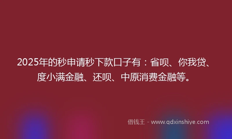 2025年的秒申请秒下款口子有：省呗、你我贷、度小满金融、还呗、中原消费金融等。