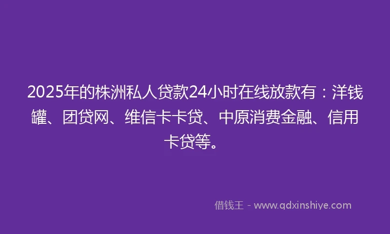 2025年的株洲私人贷款24小时在线放款有：洋钱罐、团贷网、维信卡卡贷、中原消费金融、信用卡贷等。