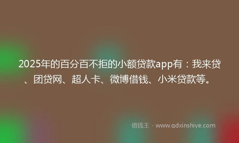2025年的百分百不拒的小额贷款app有：我来贷、团贷网、超人卡、微博借钱、小米贷款等。