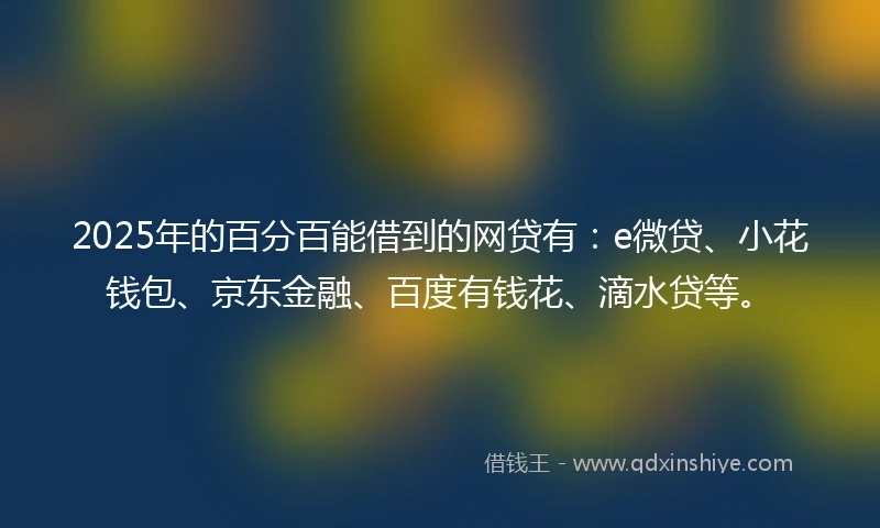 2025年的百分百能借到的网贷有：e微贷、小花钱包、京东金融、百度有钱花、滴水贷等。