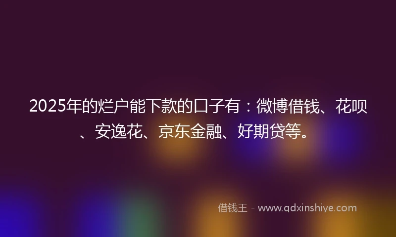 2025年的烂户能下款的口子有：微博借钱、花呗、安逸花、京东金融、好期贷等。