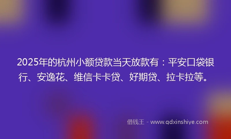 2025年的杭州小额贷款当天放款有：平安口袋银行、安逸花、维信卡卡贷、好期贷、拉卡拉等。