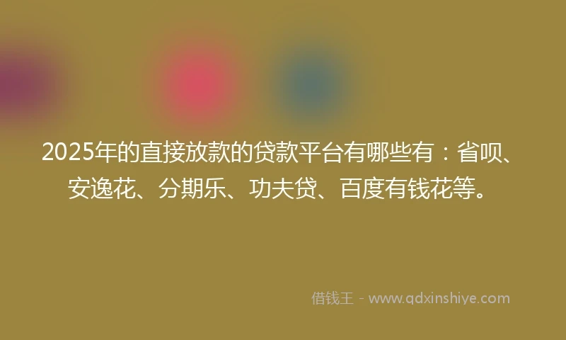 2025年的直接放款的贷款平台有哪些有：省呗、安逸花、分期乐、功夫贷、百度有钱花等。