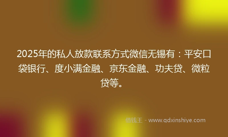 2025年的私人放款联系方式微信无锡有：平安口袋银行、度小满金融、京东金融、功夫贷、微粒贷等。
