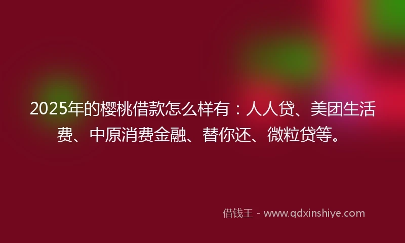 2025年的樱桃借款怎么样有：人人贷、美团生活费、中原消费金融、替你还、微粒贷等。