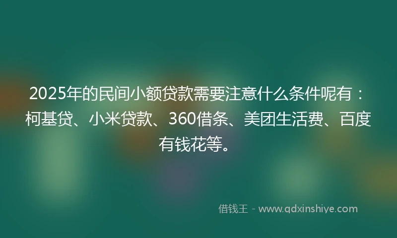 2025年的民间小额贷款需要注意什么条件呢有：柯基贷、小米贷款、360借条、美团生活费、百度有钱花等。