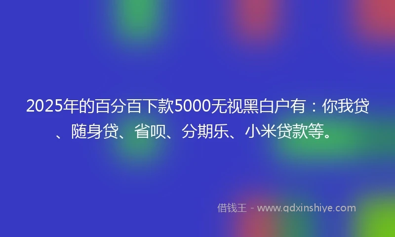 2025年的百分百下款5000无视黑白户有：你我贷、随身贷、省呗、分期乐、小米贷款等。