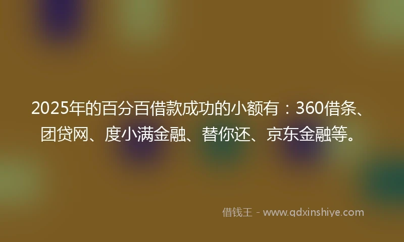 2025年的百分百借款成功的小额有：360借条、团贷网、度小满金融、替你还、京东金融等。