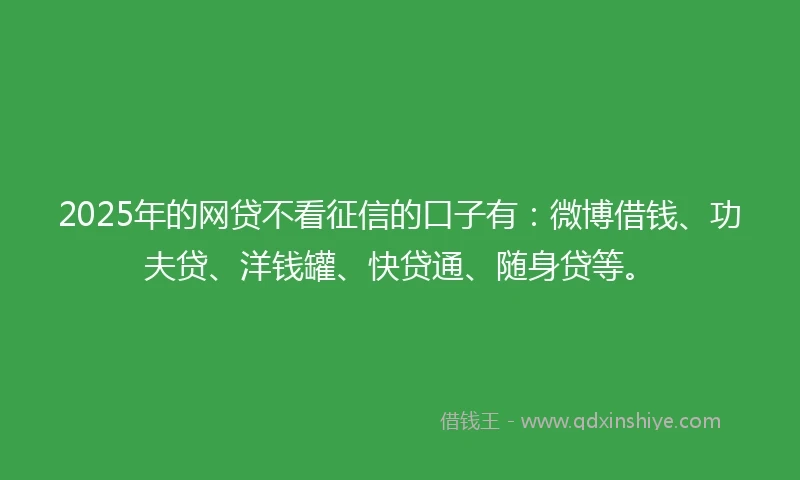 2025年的网贷不看征信的口子有：微博借钱、功夫贷、洋钱罐、快贷通、随身贷等。