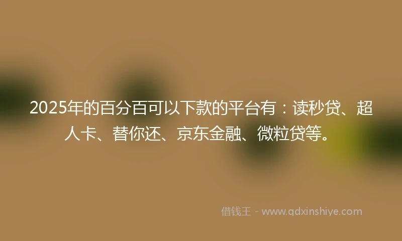 2025年的百分百可以下款的平台有：读秒贷、超人卡、替你还、京东金融、微粒贷等。