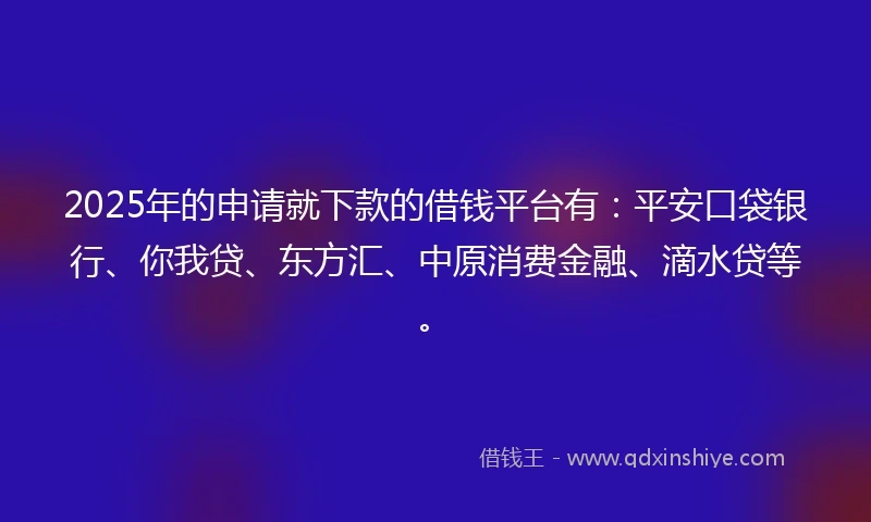 2025年的申请就下款的借钱平台有：平安口袋银行、你我贷、东方汇、中原消费金融、滴水贷等。