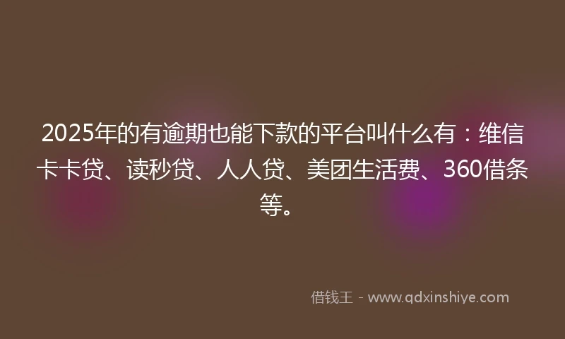 2025年的有逾期也能下款的平台叫什么有：维信卡卡贷、读秒贷、人人贷、美团生活费、360借条等。