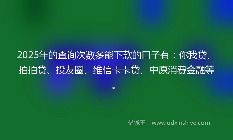 2025年的查询次数多能下款的口子有：你我贷、拍拍贷、投友圈、维信卡卡贷、中原消费金融等。