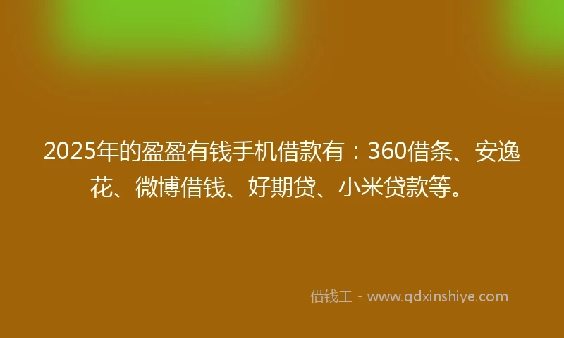 2025年的盈盈有钱手机借款有：360借条、安逸花、微博借钱、好期贷、小米贷款等。