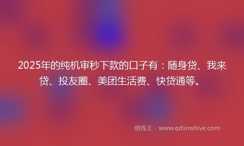 2025年的纯机审秒下款的口子有：随身贷、我来贷、投友圈、美团生活费、快贷通等。
