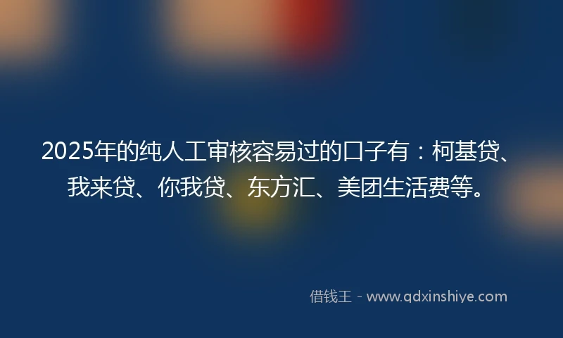 2025年的纯人工审核容易过的口子有：柯基贷、我来贷、你我贷、东方汇、美团生活费等。