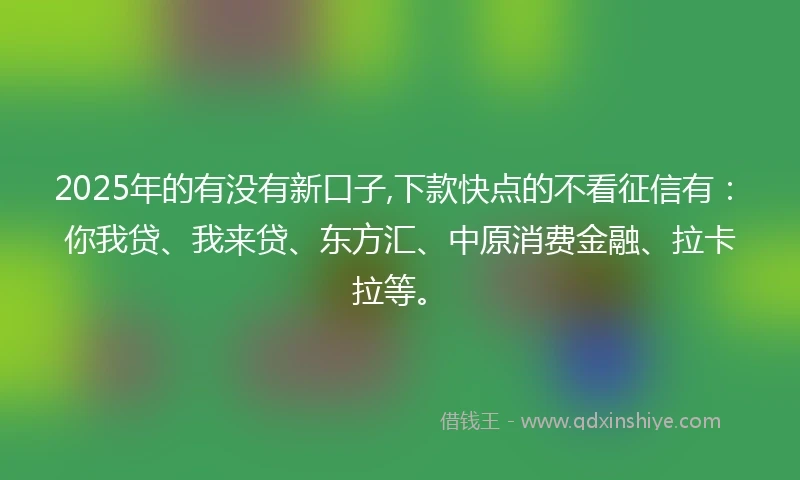 2025年的有没有新口子,下款快点的不看征信有：你我贷、我来贷、东方汇、中原消费金融、拉卡拉等。