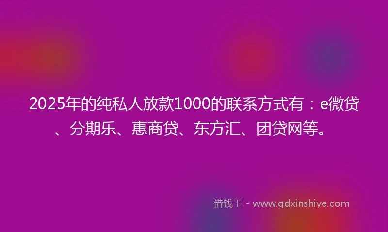 2025年的纯私人放款1000的联系方式有：e微贷、分期乐、惠商贷、东方汇、团贷网等。