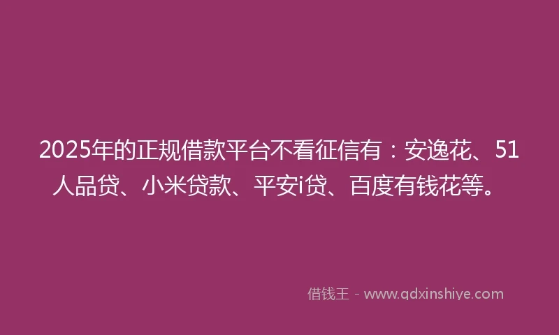 2025年的正规借款平台不看征信有：安逸花、51人品贷、小米贷款、平安i贷、百度有钱花等。