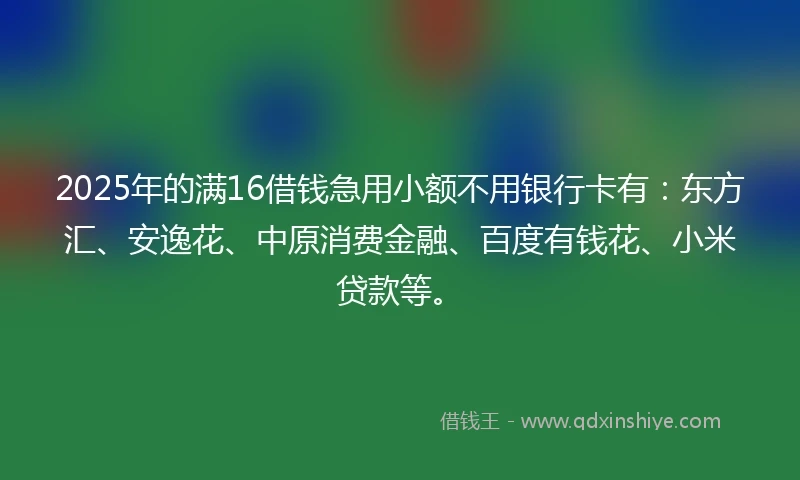 2025年的满16借钱急用小额不用银行卡有：东方汇、安逸花、中原消费金融、百度有钱花、小米贷款等。