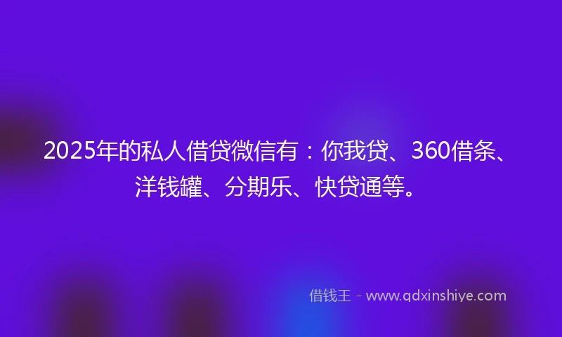 2025年的私人借贷微信有：你我贷、360借条、洋钱罐、分期乐、快贷通等。