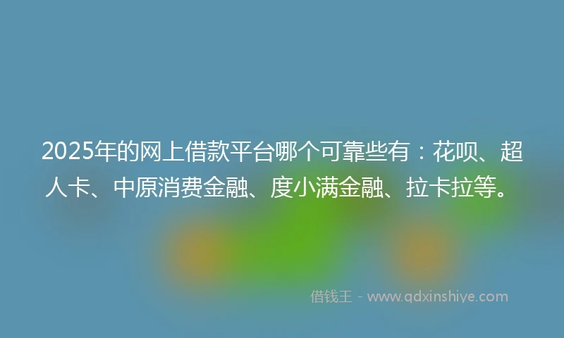 2025年的网上借款平台哪个可靠些有：花呗、超人卡、中原消费金融、度小满金融、拉卡拉等。