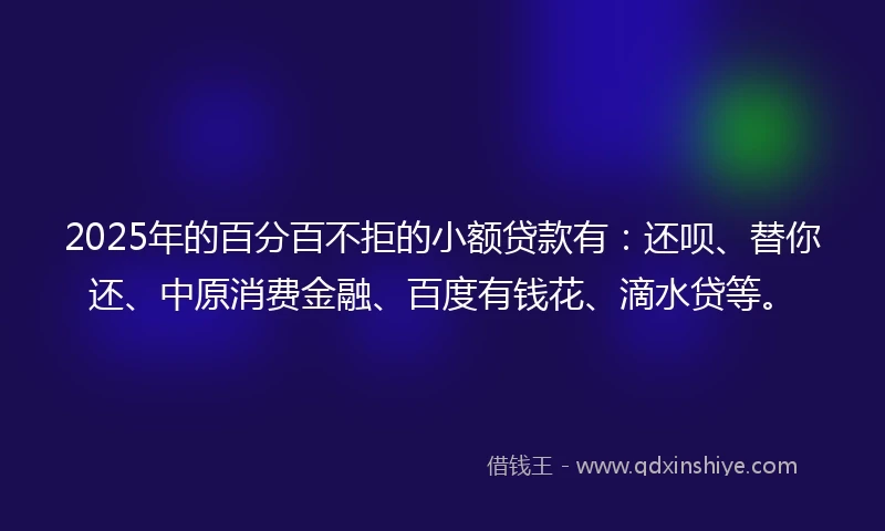 2025年的百分百不拒的小额贷款有：还呗、替你还、中原消费金融、百度有钱花、滴水贷等。