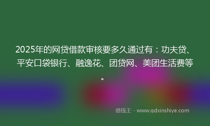 2025年的网贷借款审核要多久通过有：功夫贷、平安口袋银行、融逸花、团贷网、美团生活费等。