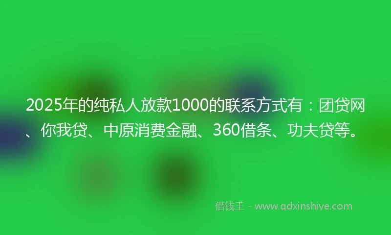 2025年的纯私人放款1000的联系方式有：团贷网、你我贷、中原消费金融、360借条、功夫贷等。