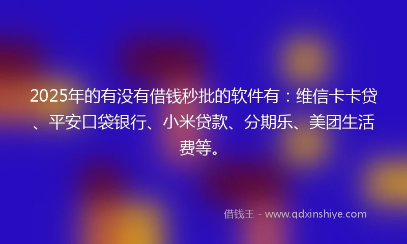 2025年的有没有借钱秒批的软件有：维信卡卡贷、平安口袋银行、小米贷款、分期乐、美团生活费等。