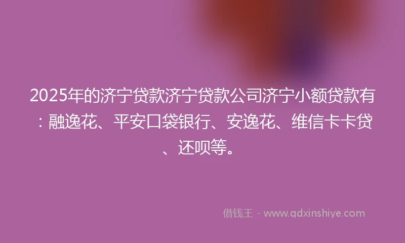 2025年的济宁贷款济宁贷款公司济宁小额贷款有：融逸花、平安口袋银行、安逸花、维信卡卡贷、还呗等。