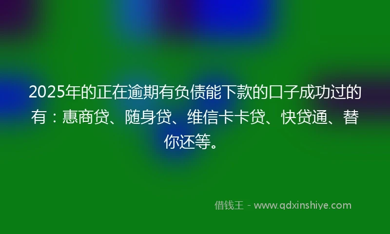 2025年的正在逾期有负债能下款的口子成功过的有：惠商贷、随身贷、维信卡卡贷、快贷通、替你还等。