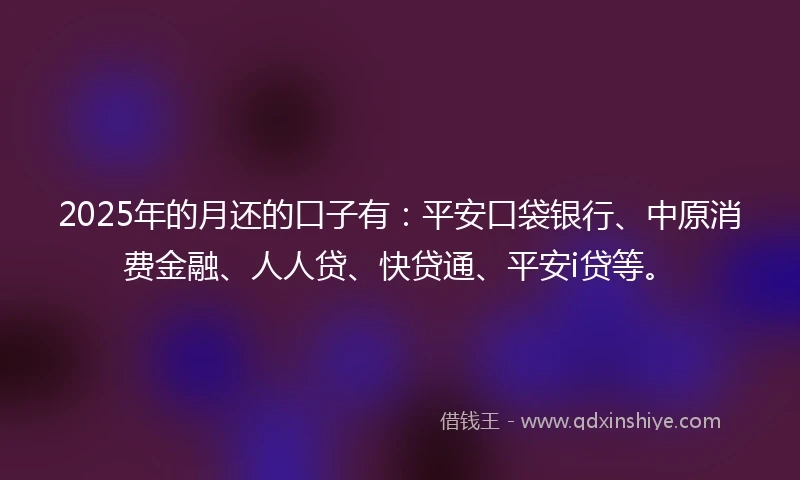 2025年的月还的口子有：平安口袋银行、中原消费金融、人人贷、快贷通、平安i贷等。