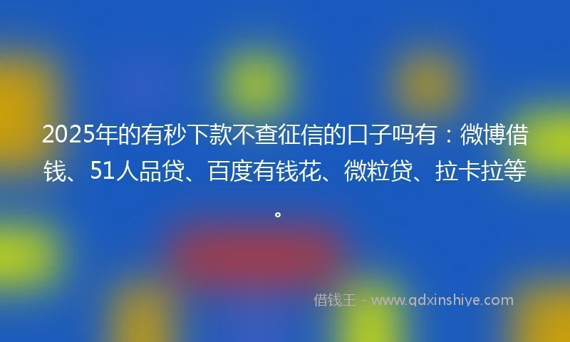 2025年的有秒下款不查征信的口子吗有：微博借钱、51人品贷、百度有钱花、微粒贷、拉卡拉等。