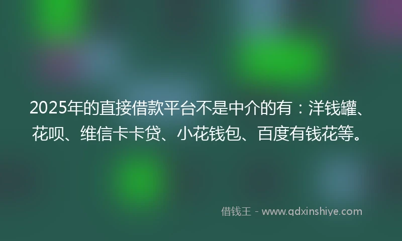 2025年的直接借款平台不是中介的有：洋钱罐、花呗、维信卡卡贷、小花钱包、百度有钱花等。