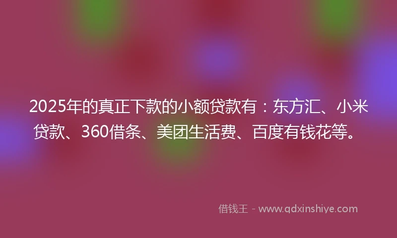 2025年的真正下款的小额贷款有：东方汇、小米贷款、360借条、美团生活费、百度有钱花等。