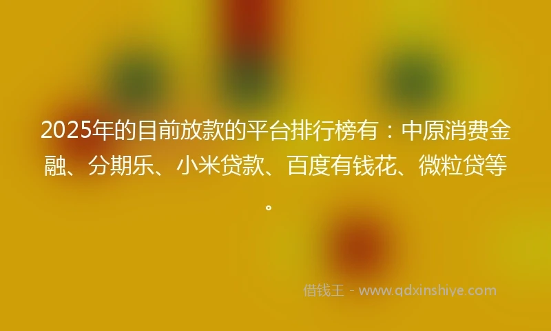 2025年的目前放款的平台排行榜有：中原消费金融、分期乐、小米贷款、百度有钱花、微粒贷等。
