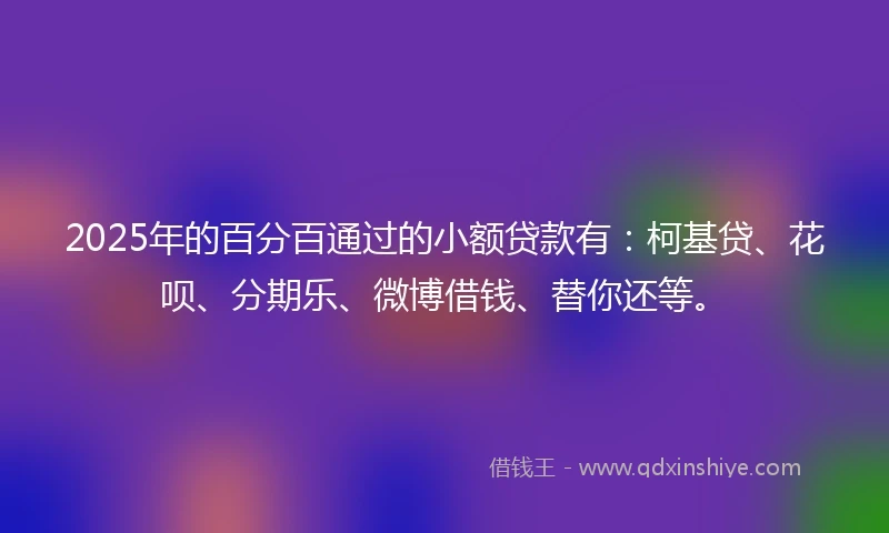 2025年的百分百通过的小额贷款有：柯基贷、花呗、分期乐、微博借钱、替你还等。