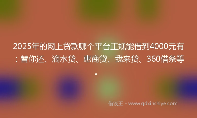 2025年的网上贷款哪个平台正规能借到4000元有：替你还、滴水贷、惠商贷、我来贷、360借条等。
