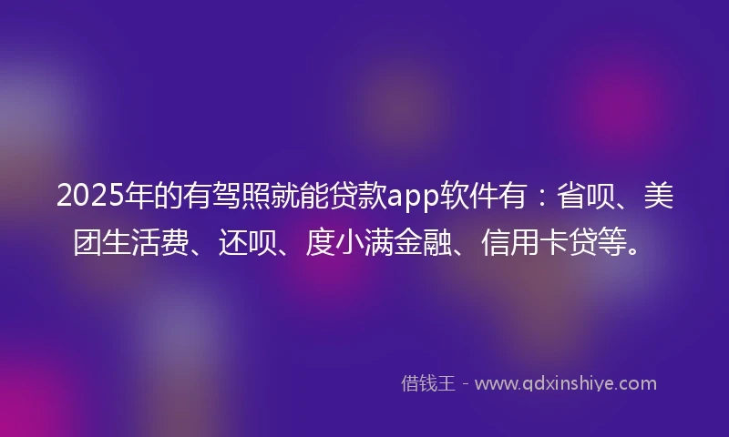 2025年的有驾照就能贷款app软件有：省呗、美团生活费、还呗、度小满金融、信用卡贷等。