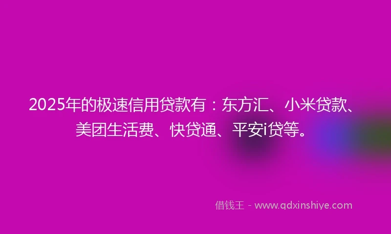 2025年的极速信用贷款有：东方汇、小米贷款、美团生活费、快贷通、平安i贷等。